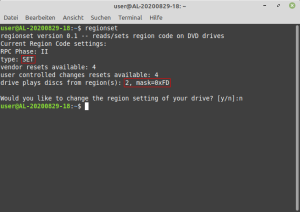 Screenshot eines Terminals, in dem die Ausgabe des Programms „regionset“ zu sehen ist, wenn der Regionalcode eines DVD-Laufwerks gesetzt wurde.