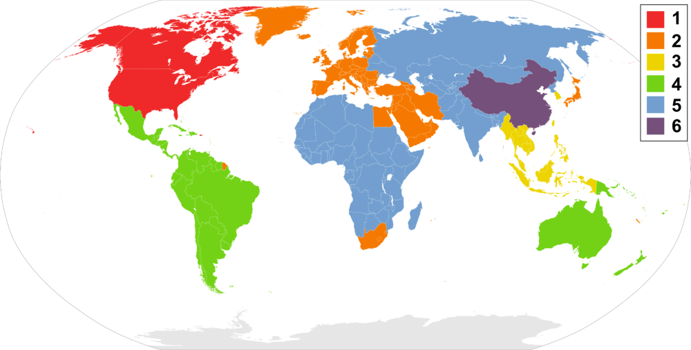 Weltkarte, die die Verteilung der sechs existierenden Regionalcodes darstellt, die auf DVD-Video eingesetzt werden.